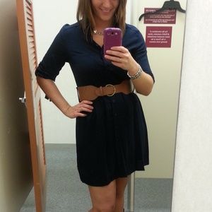 Navy Roll Sleeve Button Down Dress